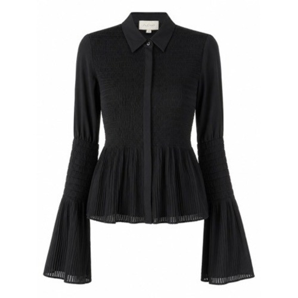 Alexis Chantal Shirred Bell-Sleeve Blouse Black Pleated Peplum Chiffon M